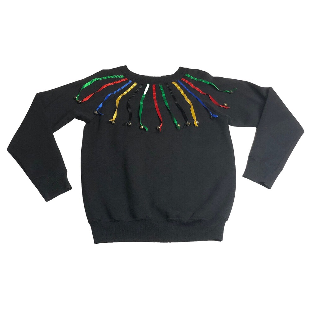 Vintage 90s Hanes Her Way Christmas Sweatshirt Womens M Ribbon Bells USA Black